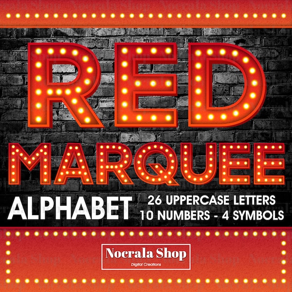 Red Marquee Alphabet Clipart, Marquee Letters & Numbers, PNG Clipar, Alphabet for Sublimation, Marquee Font PNG, Digital download