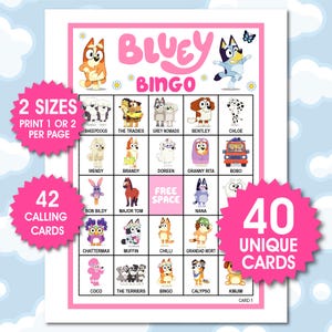 40 Bluey Bingo Karten, Bluey Geburtstag Party Spiel, Bluey Aktivität für Kinder, Bluey Pink Geburtstag Bingo, Blauer Hund Fun Bingo, Bluey TV Serie Spiel