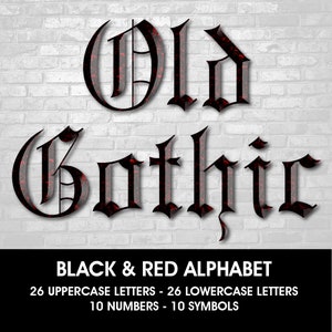 Clipart alphabet gothique noir et rouge, clipart numérique PNG, lettres gothiques noires, chiffres, symboles des cliparts, clipart alphabet gothique