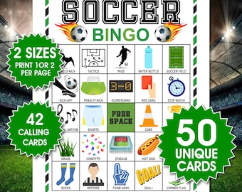 50 Fußball-Bingokarten, Kinder-Partyspiel, Fußballaktivität, druckbares Bingospiel für Kinder, lustiges Fußball-Bingo, PDF-Dateien