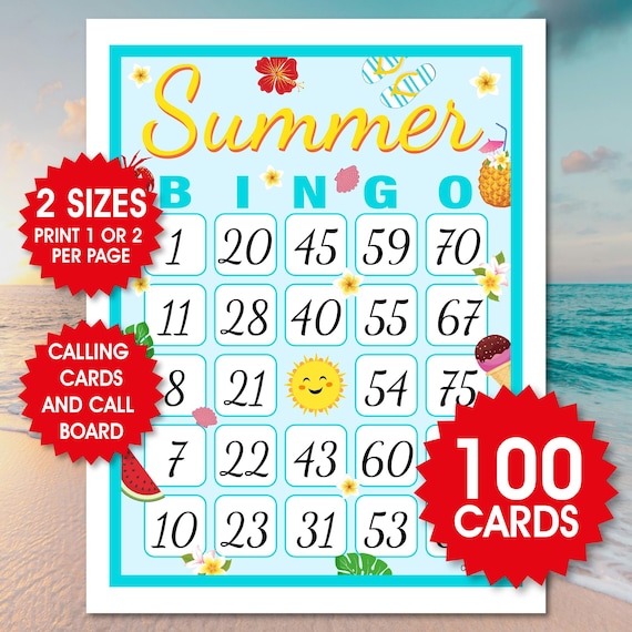 Summer Bingo Game, 100 Cards, Vacation Activity (PDF Files)