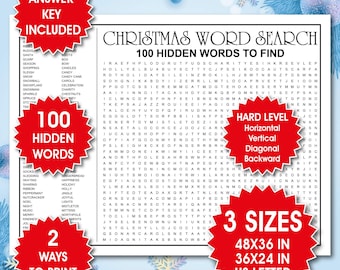 Puede incluir: Una hoja de sopa de letras navideña con el título 100 Hidden Words to Find. La cuadrícula contiene letras y listas de palabras. Etiquetas rojas en forma de estrella indican características como Answer Key Included, 100 Hidden Words y 3 Sizes 122x91 cm 91x61 cm A4.