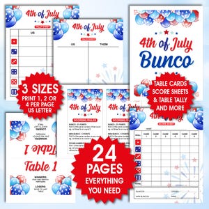 Lot BUNCO 4 juillet, cartes de pointage, feuilles de pointage, étiquettes nominatives, cartes de table, instructions et règles, jeu patriotique Bunco, fichiers PDF imprimables