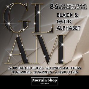Imágenes prediseñadas del alfabeto glam negro y dorado, imágenes prediseñadas digitales PNG, letras negras, alfabeto de alto brillo, alfabeto de lujo, letras elegantes