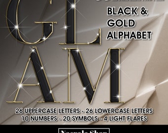 Czarno-złoty alfabet Glam Clipart, litery PNG (pobieranie cyfrowe)