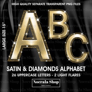 Goud satijn en diamant alfabet clipart, PNG digitale illustraties, gouden diamant letters clipart, metallic glamour alfabet clipart, grote letters