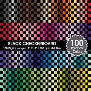 Könnte beinhalten: Ein digitales Bild mit verschiedenen schwarz-farbigen Schachbrettmustern. Der Text "BLACK CHECKERBOARD" und "100 Digital Images 12" X 12" / 300 dpi / JPG Files" ist enthalten. Ein kreisförmiges Abzeichen zeigt "100 Rainbow Colors".