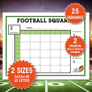 Football Squares Board, 25 Numbered Squares, Fun Family Activity, Football Fundraiser, Football Betting Game, Football Pool Template