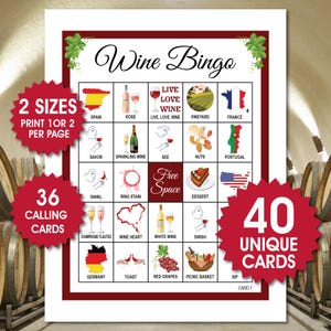 40 wijnbingokaarten, bingo voor verjaardag of vrijgezellenfeest, leuke activiteit voor volwassenen voor wijnproeven, wijngaarden en wijnreizen, wijnspel, pdf-bestand