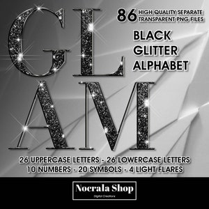 Zwarte glitter glamour alfabet clipart, PNG digitale illustraties, blauwe Ombre glitter letters, hoogglans alfabet, luxe alfabet, elegante letters