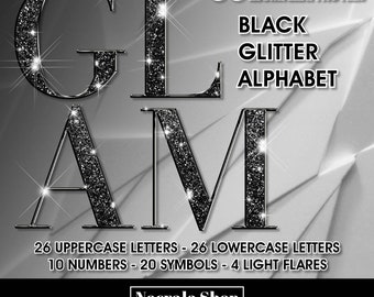Black Glitter Alphabet Clipart, Shiny Letters, Numbers, Symbols (Digital Download)
