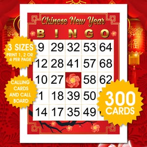 300 Cartões de Bingo do Ano Novo Chinês, 1, 2 ou 4 por página, Bingo para crianças e adultos, Jogo de festa divertido, Download em PDF, Cartões de Bingo do Ano Novo Lunar