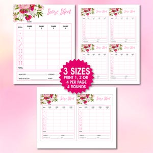 May include: Printable score sheet with floral design. The sheet is divided into four sections for four games. Each section has a column for the roll number, four columns for each game, and a row for the total score. The sheet also includes spaces for recording buncos, mini buncos, losses, and wins.