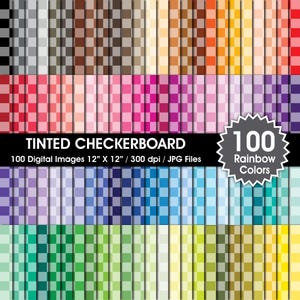 May include: A collection of 100 digital images with a tinted checkerboard pattern in various colors. Each image is 12 inches by 12 inches and has a resolution of 300 dpi. The images are in JPG format. The text "TINTED CHECKERBOARD" is displayed.