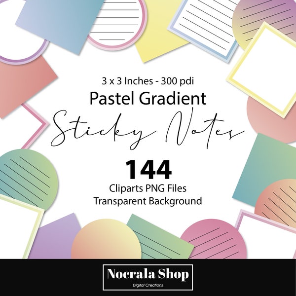 144 Circle and Square Pastel Gradient Sticky Note Clipart, Printable Memo Notes, PNG Planner Stickers, Digital Icons