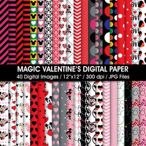 Könnte beinhalten: Ein Set mit 40 digitalen Papieren mit verschiedenen Valentinstag-Mustern mit Mickey Mouse und Minnie Mouse Figuren. Die Muster umfassen Herzen, Punkte, Streifen und Chevron-Designs in Rot, Pink, Schwarz und Weiß.