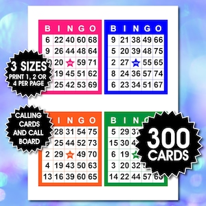 300 färgglada bingokort, 1, 2 eller 4 per sida, roligt partyspel, klassrumsaktivitet, utskrivbart bingospel för barn, seniorbingo, PDF-nedladdning