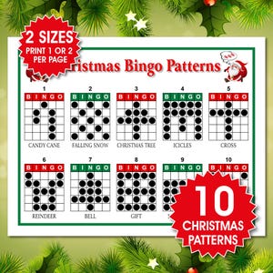 Może przedstawiać: Arkusz do gry w bingo bożonarodzeniowe z dziesięcioma różnymi wzorami, w tym Cukrowa Laska i Choinka. Arkusz ma zieloną obwódkę i świąteczne dekoracje. Tekst brzmi "2 rozmiary, Drukuj 1 lub 2 na stronę" i "10 wzorów świątecznych".