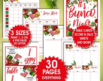 Könnte beinhalten: Ein Set druckbarer Bunco Night-Spielbögen. Enthält Wertungskarten, Tischkarten und Zählkarten. Das Design zeigt festliche Geschenkboxen und Zuckerstangen-Grafiken mit dem Text "It's Bunco Night". Erhältlich in 3 Größen, insgesamt 30 Seiten.