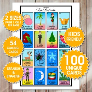 May include: A La Lotería game board featuring a grid of sixteen illustrated cards with Spanish and English text. Each square displays a distinct icon such as a palm tree, a deer, a spider, a drum, and a soldier, labeled with numbers and names.