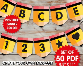 Pencil Banner Printable PDF, Classroom Decor, 50 Letters & Numbers (Instant Download)