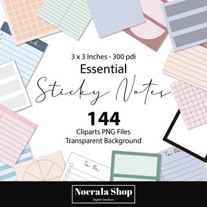 144 essentiële kleverige nota's clipart met lijnen, rasters, cirkel, vierkanten, afdrukbare memonotities, PNG planner stickers, digitale iconen