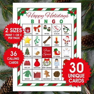 30 cartões de bingo de boas festas, jogo de festa de Natal, jogo de festa de Natal para crianças imprimíveis, atividade de sala de aula de Natal, bingo de Natal fofo