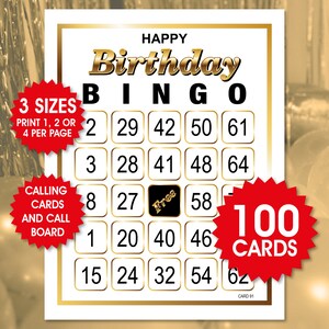 100 cartões de bingo de feliz aniversário, 1,2 ou 4 por página, jogo divertido de festa, atividade de aniversário, bingo de aniversário para adultos, arquivos PDF