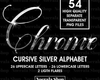 Silver Chrome Cursive Alphabet Clipart, PNG Clip Art, Silver Chrome Cursive Letters, High Shine Digital Alphabet, Glam Alphabet, Handwritten