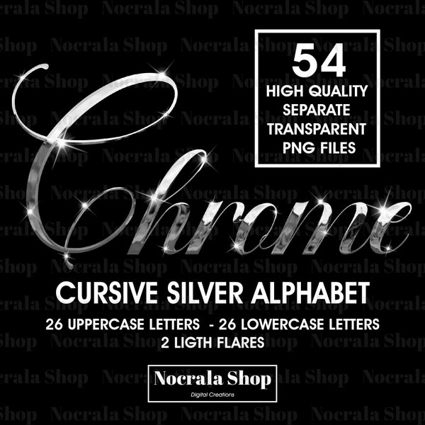 Silver Chrome Cursive Alphabet Clipart, PNG Clip Art, Silver Chrome Cursive Letters, High Shine Digital Alphabet, Glam Alphabet, Handwritten