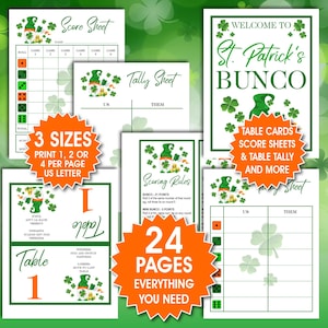 May include: A collection of St. Patrick's Day Bunco game sheets. The sheets include score sheets, tally sheets, table cards, and scoring rules. The design features green shamrocks and a leprechaun graphic. The text on the sheets reads "Welcome to St. Patrick's Bunco".