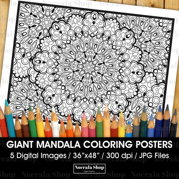 5 affiches géantes de mandala à colorier, affiche à colorier, page de coloriage pour adultes, énorme page de coloriage, affiche imprimable 36" x 48"