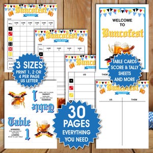 May include: A collection of printable Bunco game materials, including score sheets, table cards, and tally sheets. The designs feature beer steins, pretzels, and German flag colors. The set includes 30 pages and is available in 3 sizes.
