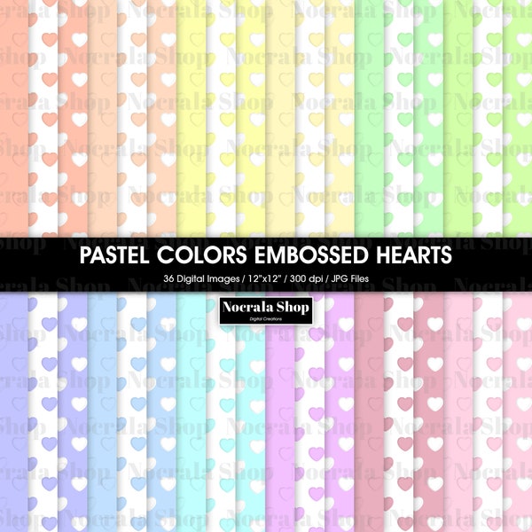 Pastel Colors Embossed Hearts Digital Paper, Pastel Colors scrapbook papers, instant download, 36 printable scrapbook papers