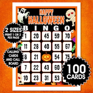 100 Happy Halloween-bingokaarten, bingo voor kinderen, Halloween-activiteit, leuk gezelschapsspel, klasspellen, leuke Halloween-bingo, digitale download