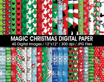 40 Christmas Mickey Magic World Digital Paper, Mickey Christmas Backgrounds, instant download, Mickey Head Paper, Christmas scrapbook papers