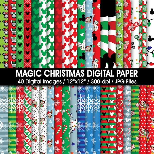 40 Christmas Mickey Magic World Digital Paper, Mickey Christmas Backgrounds, instant download, Mickey Head Paper, Christmas scrapbook papers