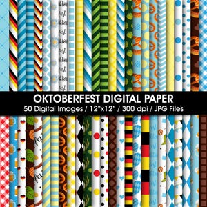 Puede incluir: Una colección de 50 diseños de papel digital con temas de Oktoberfest. Los patrones incluyen diamantes azules y blancos, pretzels, jarras de cerveza, lúpulo, rayas y lunares. El texto dice OKTOBERFEST DIGITAL PAPER 50 Digital Images 12x12 300 dpi JPG Files.