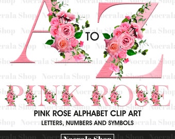 Pink Rose Alphabet Clipart, Floral Letters PNG (Digital Download)