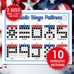 10 patriotycznych wzorów bingo, turniej bingo do druku, gra imprezowa z okazji 4 lipca, pliki PDF