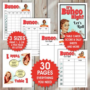 Paquete de Bunco de Ama de Casa Retro: Tarjetas de Puntuación, Hojas de Conteo, Etiquetas de Nombre, Tarjetas de Mesa, Instrucciones y Reglas, Bunco Vintage, Tema de Noche de Damas