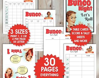 Puede incluir: Un conjunto de materiales para el juego de Bunco, incluyendo hojas de puntuación y tarjetas de mesa. El diseño presenta una estética retro con una ilustración de mujer y los textos "Bunco" y "It's Bunco Night". Incluye 30 páginas.