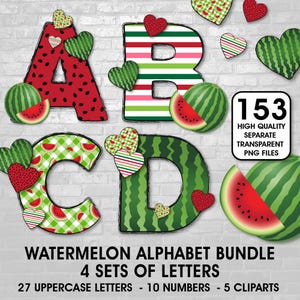 4 imágenes prediseñadas del alfabeto de sandía, imágenes prediseñadas digitales PNG, paquete de letras de sandía, alfabeto lindo de la A a la Z, letras lindas de verano