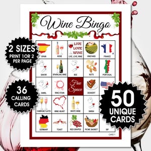 50 Wine Bingo Cards, Birthday or Bridal Shower Bingo,  Fun adult activity for Wine Tasting, Vineyards, and Winery Trips, Wine Game, PDF File