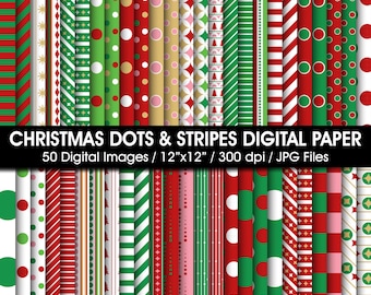 50 Christmas Dots and Stripes Digital Paper, Christmas Scrapbook Papers, Instant Download, Holidays Background, Printable Seamless Patterns