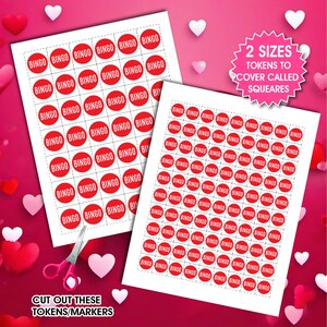 May include: Two sheets of bingo tokens with red circles and the word "BINGO" printed on them. The text "2 SIZES TOKENS TO COVER CALLED SQUEARES" is on the right sheet. The text "CUT OUT THESE TOKENS/MARKERS" is at the bottom.