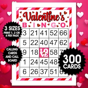 300 Valentine's Bingo Cards, 1, 2, or 4 Per Page, Valentine's Party Game, Valentine's Day Activity, Valentine's Day Bingo, PDF Download