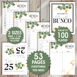 Pacote BUNCO para chá de panela, cartões de pontuação, folhas de contagem, crachás, cartões de mesa, instruções e regras, Bunco verde-sálvia, Bunco temático para noivas