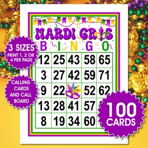 May include: A Mardi Gras Bingo game card with a purple, green, and yellow color scheme. The card features the words "Mardi Gras Bingo" at the top, with numbers in the grid below. Additional text includes "3 Sizes", "Calling Cards and Call Board", and "100 Cards".