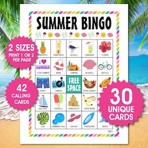 30 Summer Bingo Cards, 1 or 2 Per Page, Summer Party Game, Beach Activity, Summer Bingo for Kids, Summer Classroom Activity, PDF Files